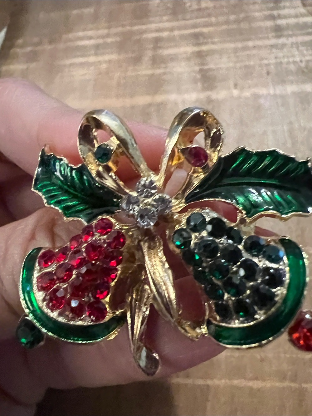 3/$18 Holiday Bell Brooch - Gold Tone with Red & Green Crystals Lot 1039
